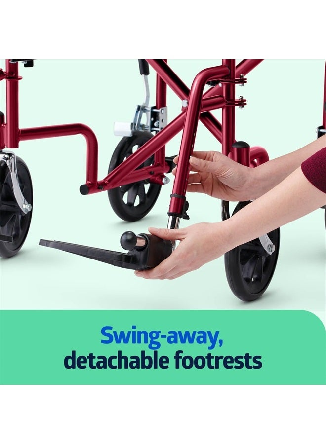 Medline Lightweight Foldable Transport Wheelchair with Handbrakes and 12-Inch Wheels, Red Frame, Black Upholstery - Image 5