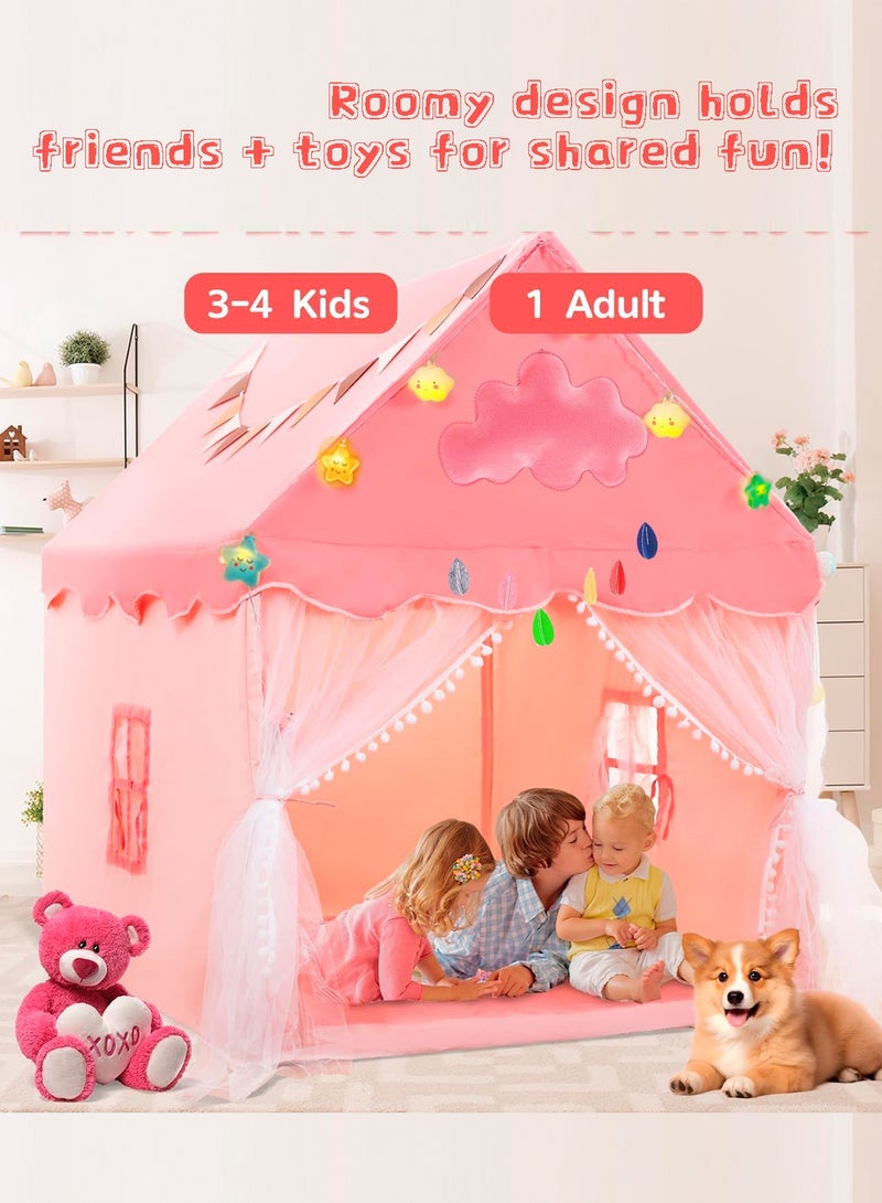 ALPNEGINE Kids Play Tent, Kids Play House with Cloud⋆ LED Light, Large Playhouse with Transparent Curtain, Portable Pink Castle Tent Gift for Kids, Indoor Outdoor Princess Tent - Image 3