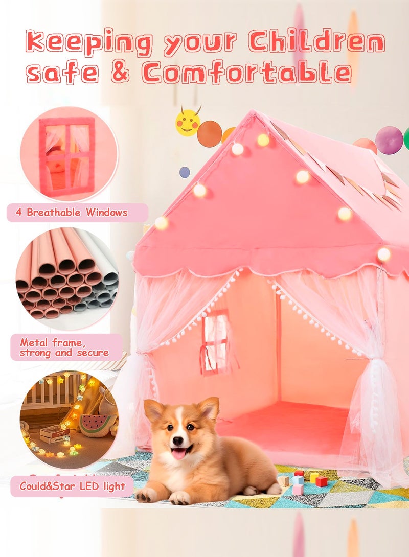 ALPNEGINE Kids Play Tent, Kids Play House with Cloud⋆ LED Light, Large Playhouse with Transparent Curtain, Portable Pink Castle Tent Gift for Kids, Indoor Outdoor Princess Tent - Image 4