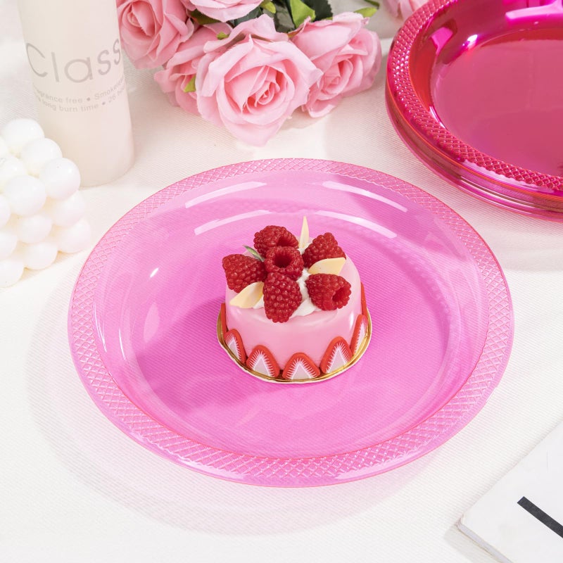 WELLIFE Neon Pink Party Plates 7 Inch -150 Count  Translucent Pink Plastic Disposable Dessert Neon Plates for Fluorescent Neon Theme Party Cake Salad Appetizers Easter Baby Shower Mother's Day - Image 1
