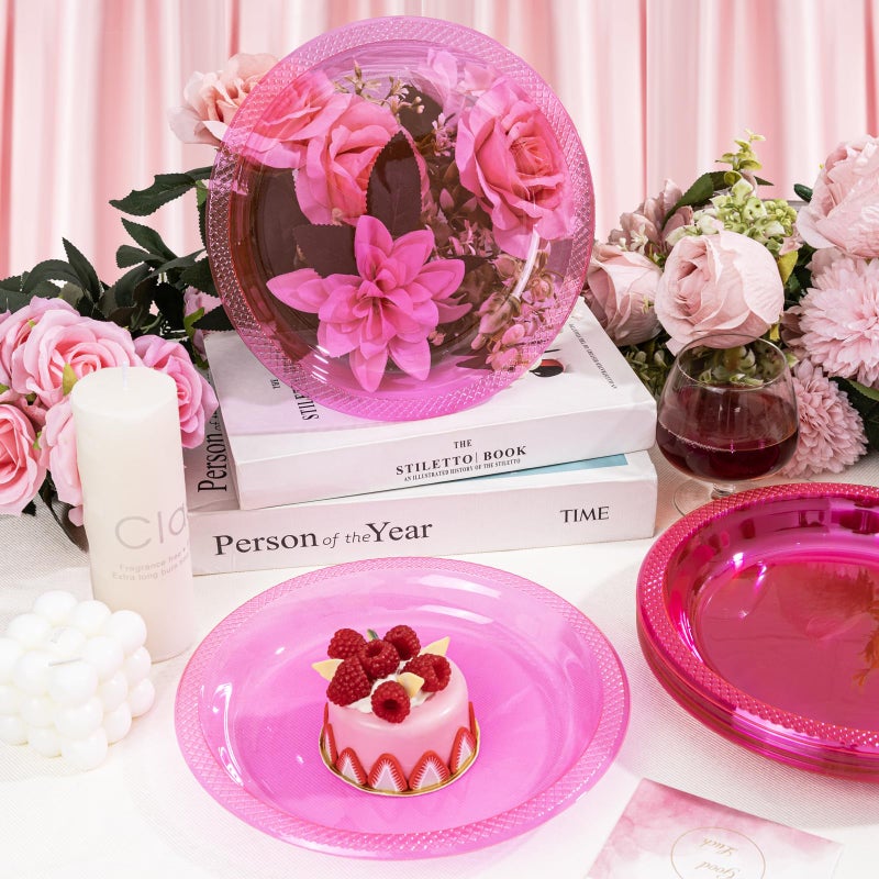WELLIFE Neon Pink Party Plates 7 Inch -150 Count  Translucent Pink Plastic Disposable Dessert Neon Plates for Fluorescent Neon Theme Party Cake Salad Appetizers Easter Baby Shower Mother's Day - Image 4