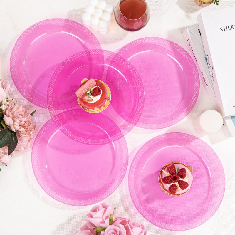 WELLIFE Neon Pink Party Plates 7 Inch -150 Count  Translucent Pink Plastic Disposable Dessert Neon Plates for Fluorescent Neon Theme Party Cake Salad Appetizers Easter Baby Shower Mother's Day - Image 2