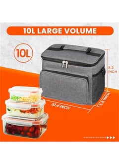 HOOKOR Insulated Lunch Bag For Women Men, 10L Waterproof Cooler Bag Lunch Box For Women Portable Reusable LunchBox With Adjustable Straps, Lunch Tote Bag For Work, Grey  - Image 2
