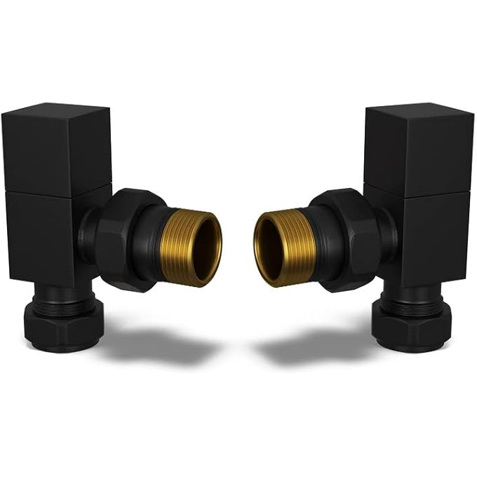 SQUARE BLACK RADIATOR VALVE PAIR - BLACK MATT FINISH - CLASSY AND MODERN DESIGN 1/2" X 15MM ANGLED RADIATOR VALVE PAIR - PAIR OF VALVES - Image 1