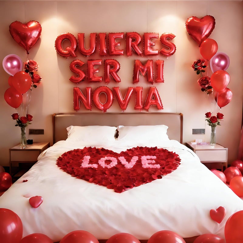 MXQHXZSX Red 16 Inch QUIERES SER MI NOVIA Balloons - 18 Inch Heart Balloons Alphabet Foil Mylar Balloons with 1200 Pcs Artificial Rose Petals for Valentines Day Decorations - Image 1