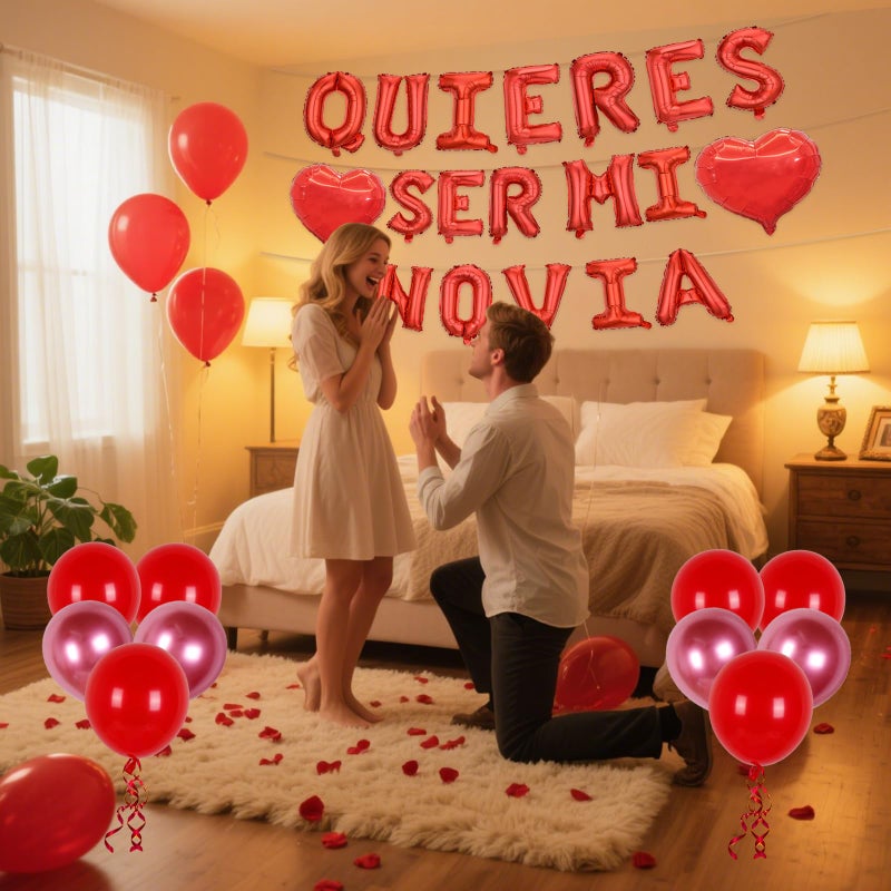MXQHXZSX Red 16 Inch QUIERES SER MI NOVIA Balloons - 18 Inch Heart Balloons Alphabet Foil Mylar Balloons with 1200 Pcs Artificial Rose Petals for Valentines Day Decorations - Image 5