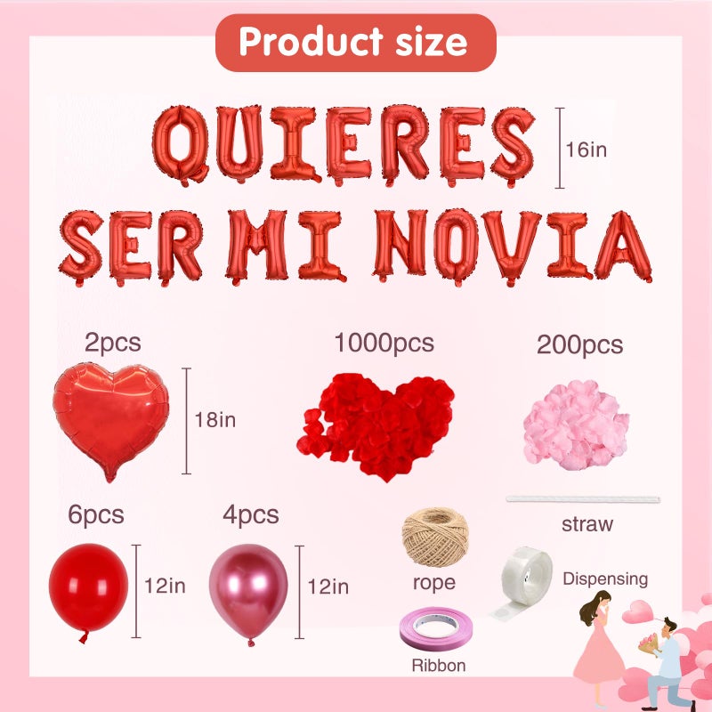 MXQHXZSX Red 16 Inch QUIERES SER MI NOVIA Balloons - 18 Inch Heart Balloons Alphabet Foil Mylar Balloons with 1200 Pcs Artificial Rose Petals for Valentines Day Decorations - Image 2