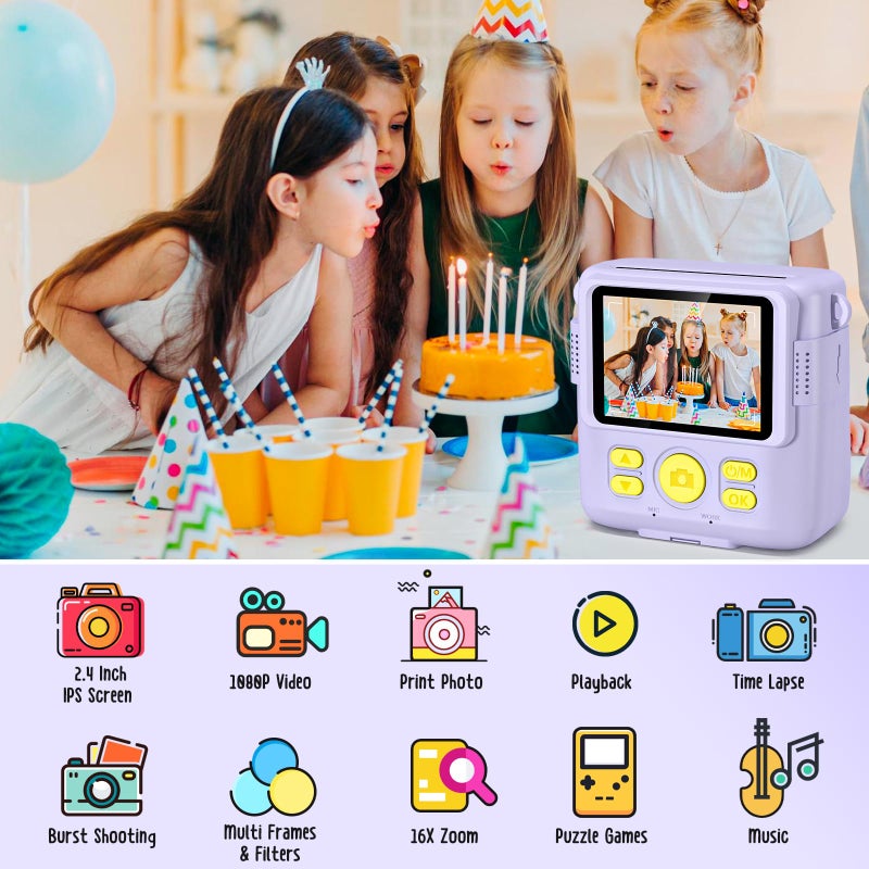 Gofunly Children's Camera, Instant Camera, 2.4 Inch Screen, 1080P Video Camera, Children, Instant Print with 32GB SD Card & 3 Rolls of Printing Paper, Gift for Children 3-12 Years - Image 2