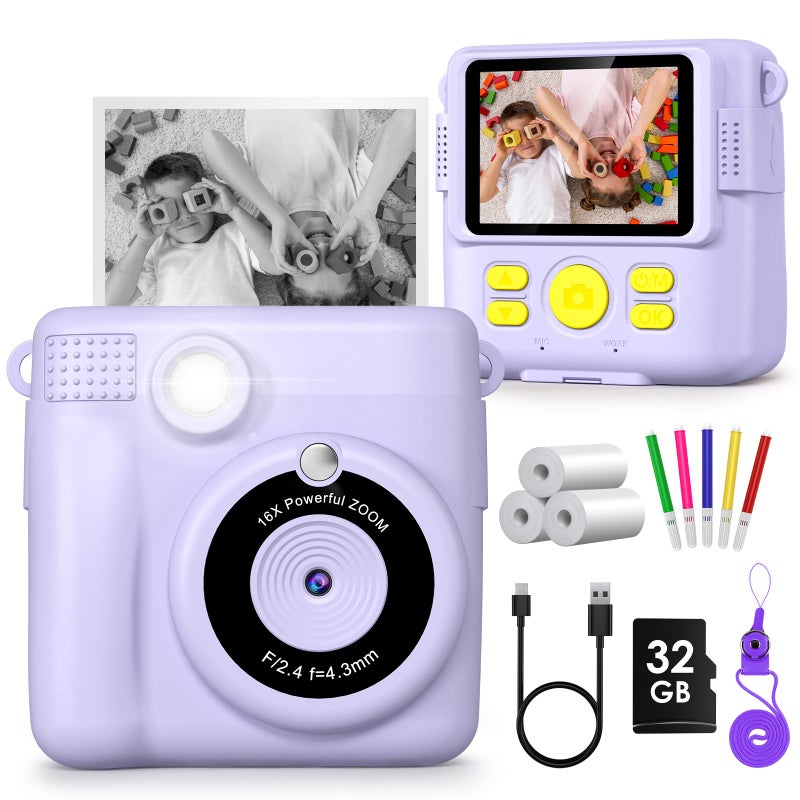 Gofunly Children's Camera, Instant Camera, 2.4 Inch Screen, 1080P Video Camera, Children, Instant Print with 32GB SD Card & 3 Rolls of Printing Paper, Gift for Children 3-12 Years - Image 1