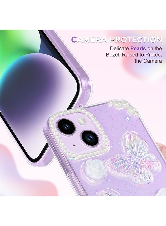 دبليو أف أف أو متوافق مع جراب آيفون 14 - جراب هاتف 3D Butterfly Rose Flower Shiny Girl - حافظة هاتف شفافة - مع جراب هاتف Aesthetic Rose Floral لامع - حماية من السقوط TPU - Crystal Butterfly - Image 2