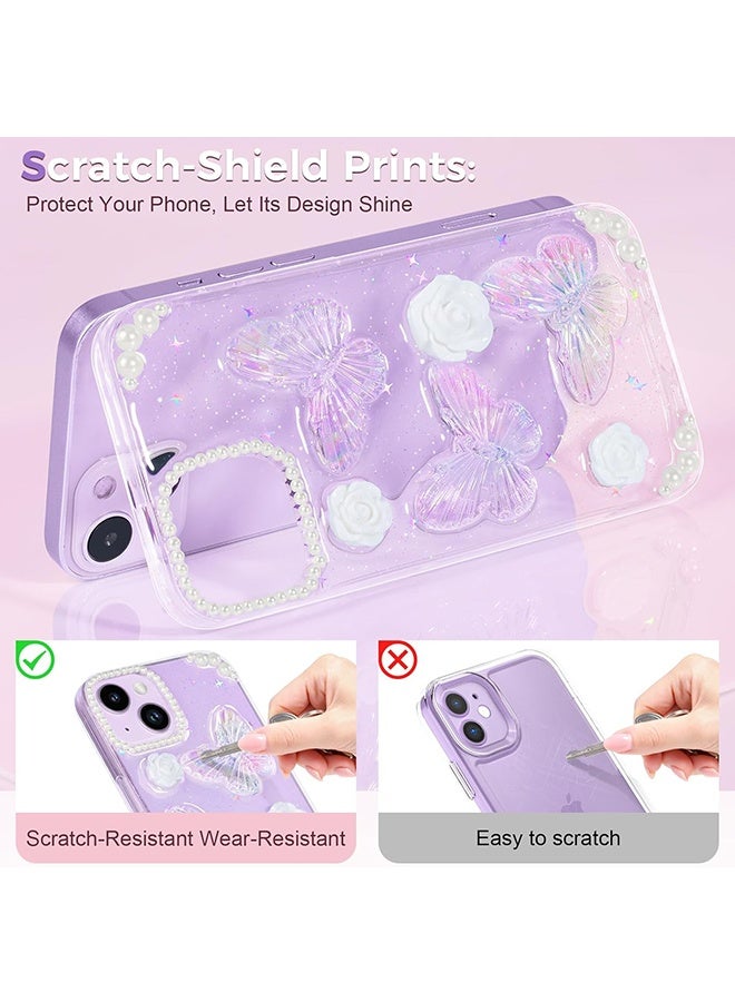 دبليو أف أف أو متوافق مع جراب آيفون 14 - جراب هاتف 3D Butterfly Rose Flower Shiny Girl - حافظة هاتف شفافة - مع جراب هاتف Aesthetic Rose Floral لامع - حماية من السقوط TPU - Crystal Butterfly - Image 4