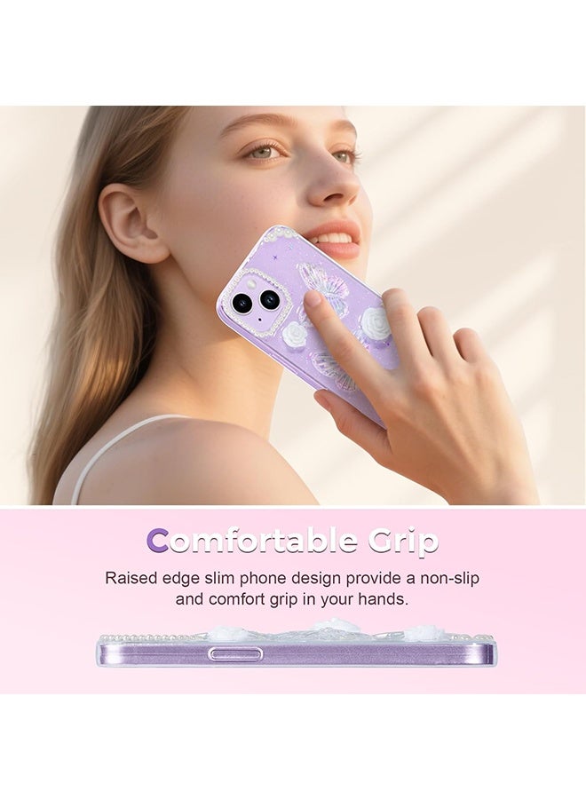 دبليو أف أف أو متوافق مع جراب آيفون 14 - جراب هاتف 3D Butterfly Rose Flower Shiny Girl - حافظة هاتف شفافة - مع جراب هاتف Aesthetic Rose Floral لامع - حماية من السقوط TPU - Crystal Butterfly - Image 5