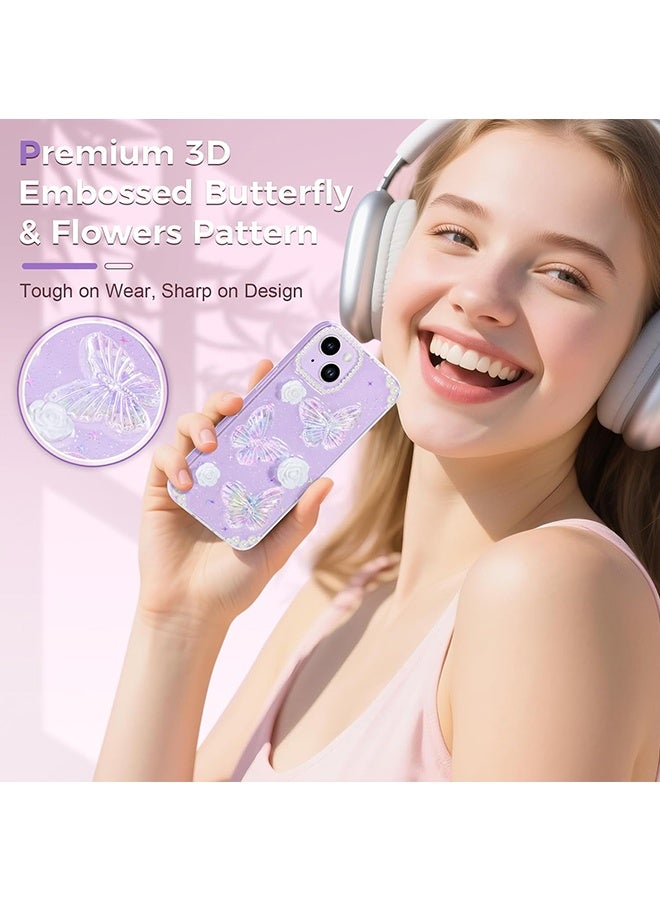 دبليو أف أف أو متوافق مع جراب آيفون 14 - جراب هاتف 3D Butterfly Rose Flower Shiny Girl - حافظة هاتف شفافة - مع جراب هاتف Aesthetic Rose Floral لامع - حماية من السقوط TPU - Crystal Butterfly - Image 3