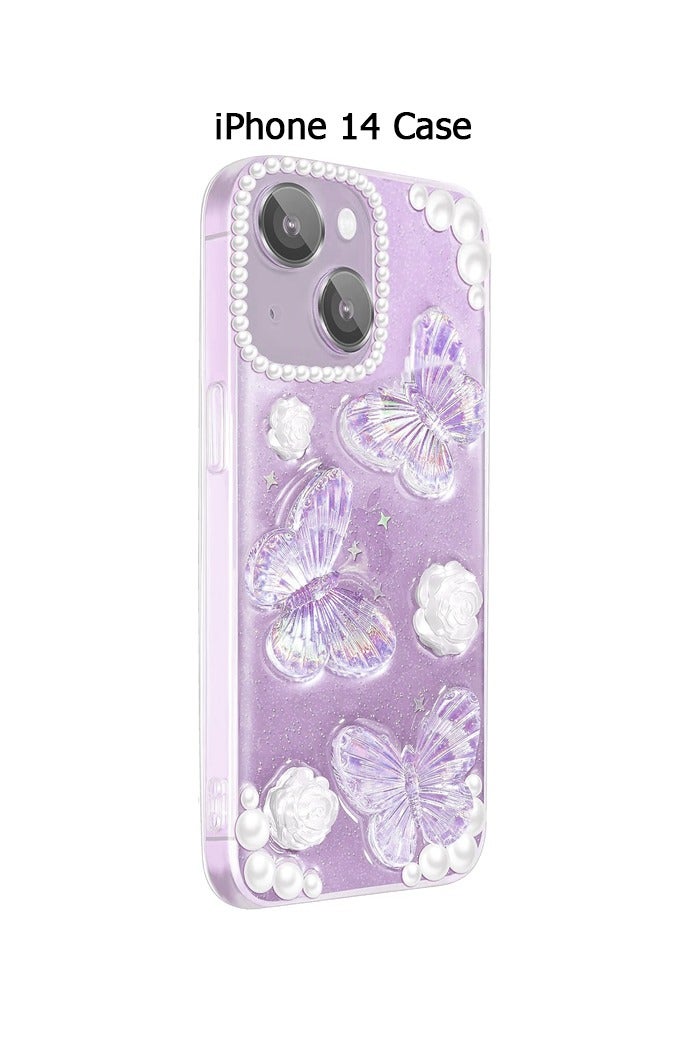 دبليو أف أف أو متوافق مع جراب آيفون 14 - جراب هاتف 3D Butterfly Rose Flower Shiny Girl - حافظة هاتف شفافة - مع جراب هاتف Aesthetic Rose Floral لامع - حماية من السقوط TPU - Crystal Butterfly - Image 1