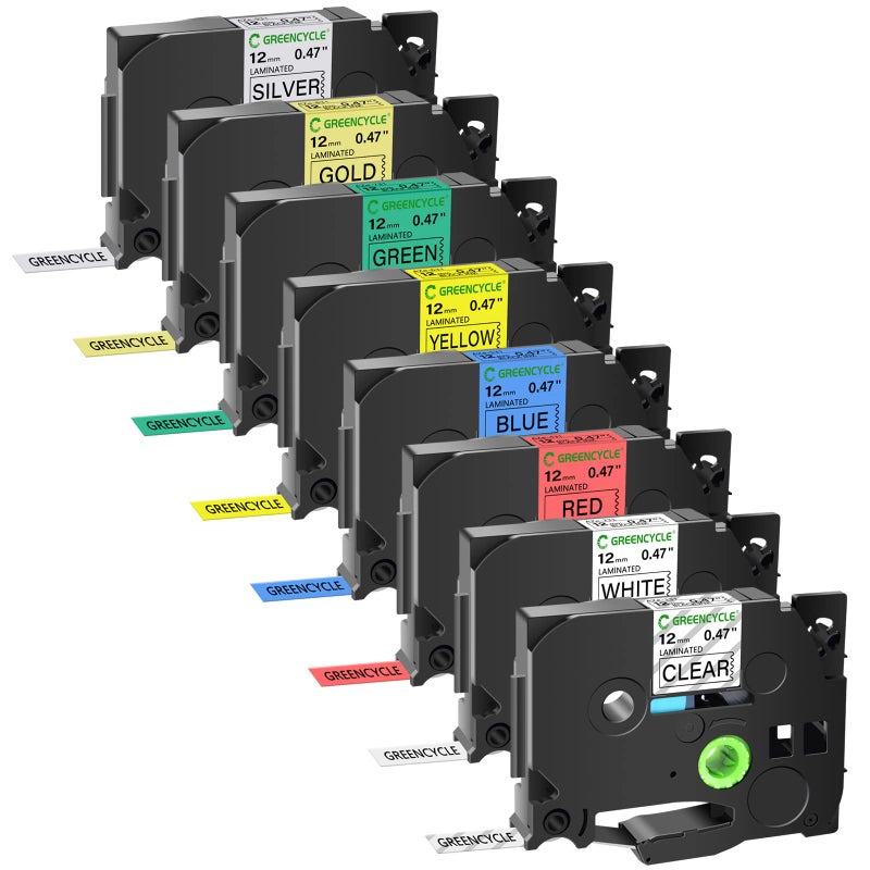GREENCYCLE Compatible for Brother P-Touch TZe231 12mm 0.47" AZE Label Tape Cartridge Laminated Black on White Clear Red Blue Yellow Green Gold Silver for PT-D210 D200 PTD600 D400 D450 PTH110, 8 Pack - Image 1