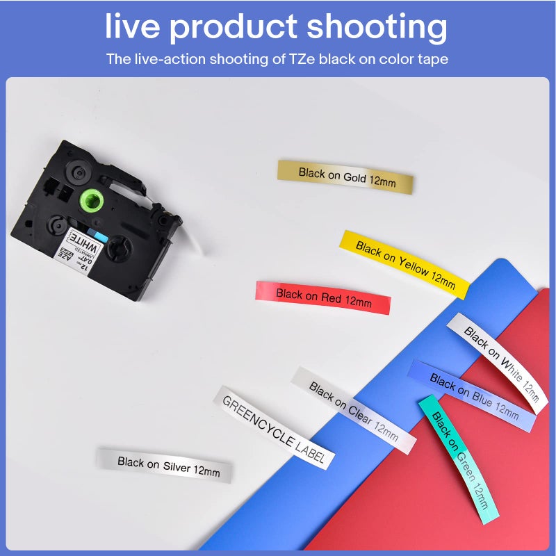 GREENCYCLE Compatible for Brother P-Touch TZe231 12mm 0.47" AZE Label Tape Cartridge Laminated Black on White Clear Red Blue Yellow Green Gold Silver for PT-D210 D200 PTD600 D400 D450 PTH110, 8 Pack - Image 2