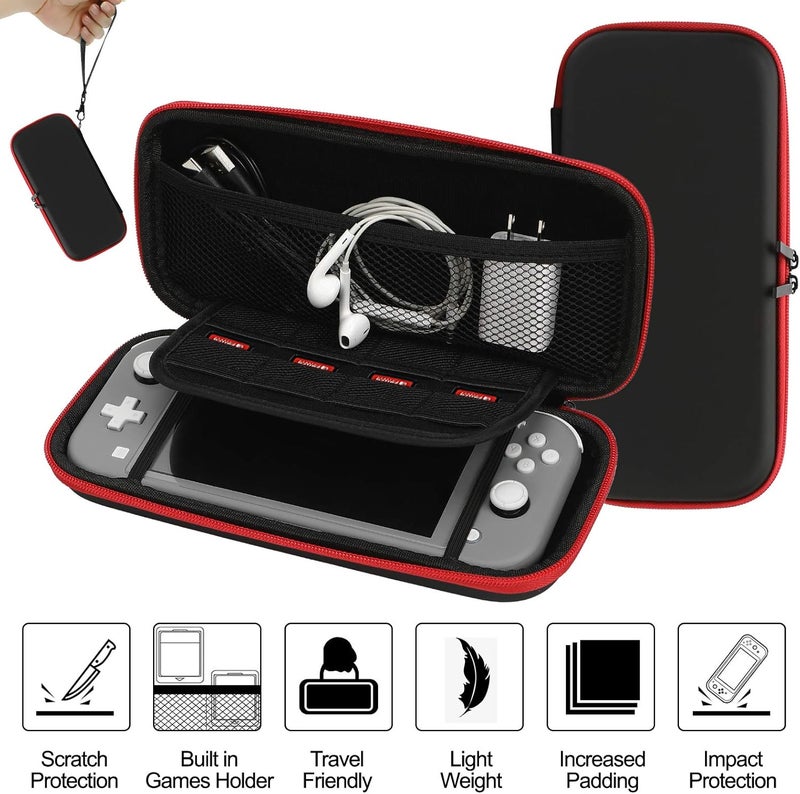 حزمة إكسسوارات Nintendo Switch Lite، تشمل حقيبة للحمل، غطاء للهاتف مصنوع من TPU مع واقي للشاشة، محطة شحن، قاعدة للعب، حافظة لبطاقات الألعاب، كابل USB، قلم استشعار (Stylus)، وأغطية للإبهام لجهاز Nintendo Switch Lite (اللون الأسود). - Image 3