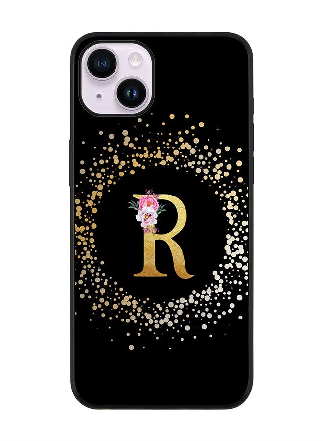 Stylizedd Rugged Black edge case for Apple iPhone 14, Slim fit Rubber Edges Thin Cover -  Custom Monogram Initial Letter Floral Pattern Alphabet - R  (Black ) - Image 1