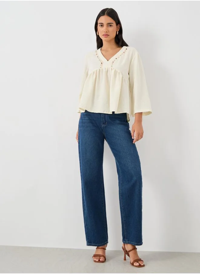 ستايلي Styli Embellished Lace Detail V-Neck Peplum Blouse