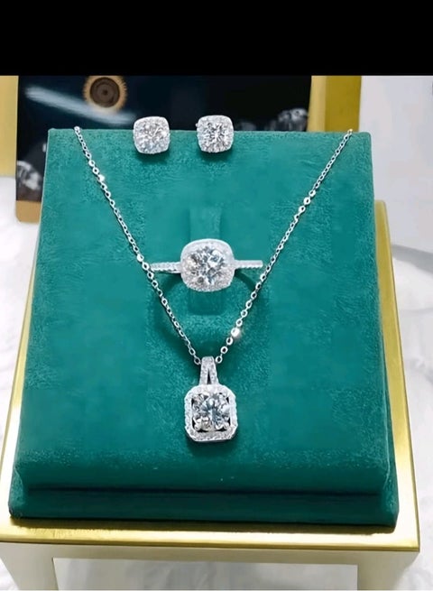 Jewelry Set Including 1pc Stainless Steel Square-shaped Cubic Zirconia Necklace, 1pair Earrings And 1pc Ring