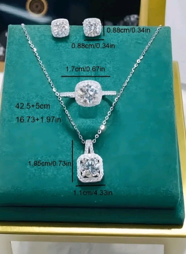 Shein Jewelry Set Including 1pc Stainless Steel Square-shaped Cubic Zirconia Necklace, 1pair Earrings And 1pc Ring - Image 5