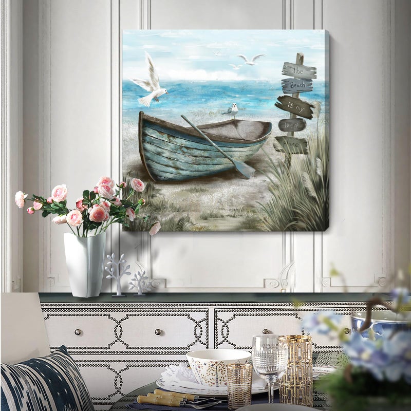 amatop Canvas Wall Art Beach DÃ©cor Wall Picture Rustic Coastal Sand Canvas Print Ocean Nautical Painting Seascape Sea Bird Vintage Ship Boat Artwork for Seaside Living Room Bedroom Bathroom Decor Blue Large - Image 3