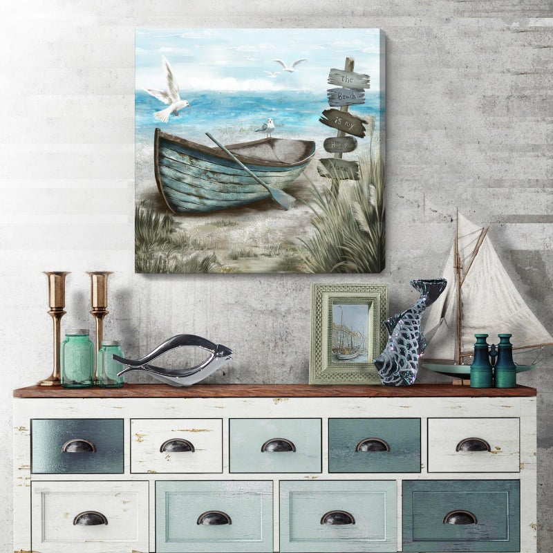 amatop Canvas Wall Art Beach DÃ©cor Wall Picture Rustic Coastal Sand Canvas Print Ocean Nautical Painting Seascape Sea Bird Vintage Ship Boat Artwork for Seaside Living Room Bedroom Bathroom Decor Blue Large - Image 2