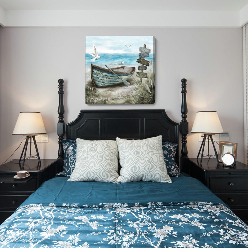 amatop Canvas Wall Art Beach DÃ©cor Wall Picture Rustic Coastal Sand Canvas Print Ocean Nautical Painting Seascape Sea Bird Vintage Ship Boat Artwork for Seaside Living Room Bedroom Bathroom Decor Blue Large - Image 4