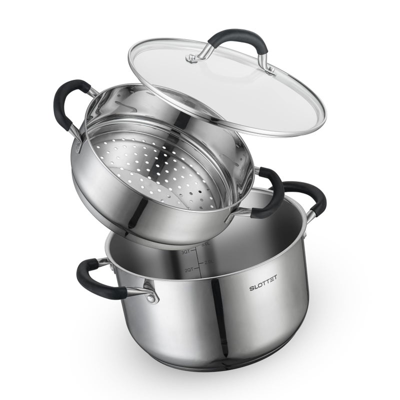 SLOTTET 6 Quart Stainless Steel Stock Pot with Steamer,6 Qt Multipurpose Stockpot with Stay-cool silicone Handle and Glass Lid,Soup Pot for Cooking - Image 1