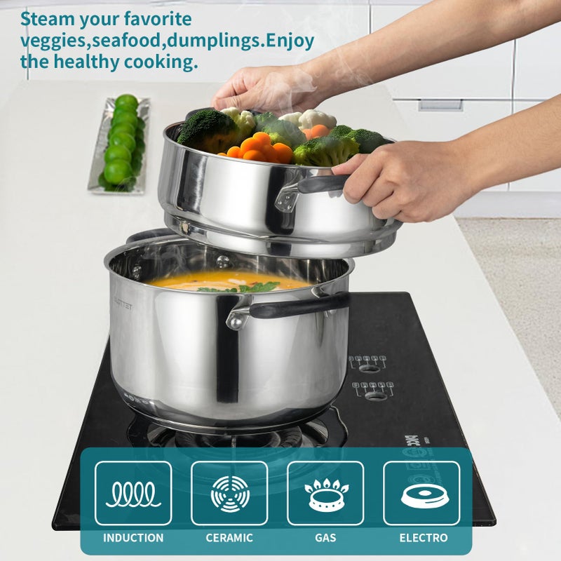 SLOTTET 6 Quart Stainless Steel Stock Pot with Steamer,6 Qt Multipurpose Stockpot with Stay-cool silicone Handle and Glass Lid,Soup Pot for Cooking - Image 4