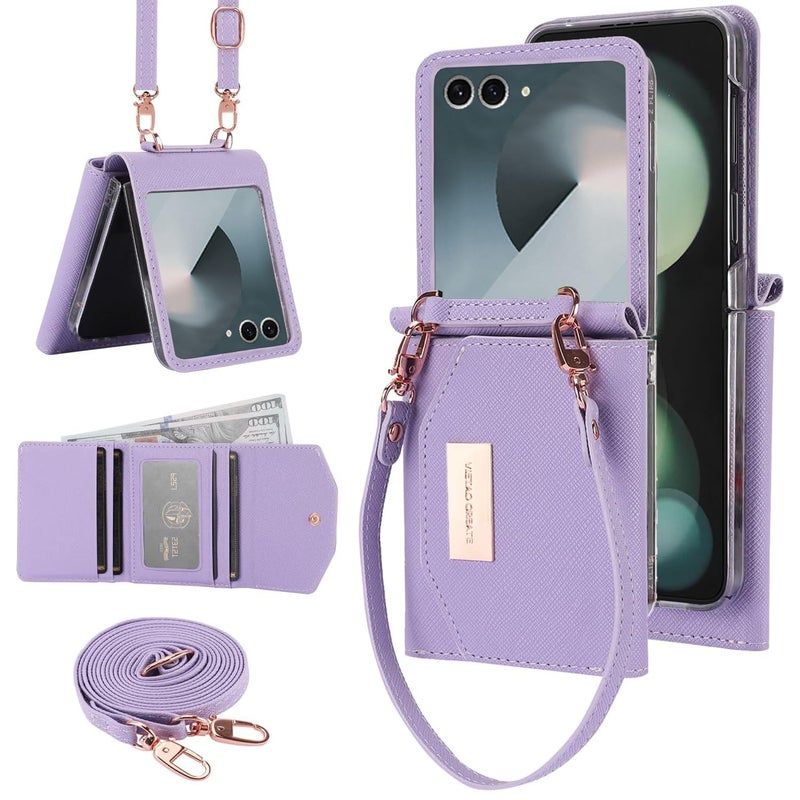 XIMAND for Samsung Galaxy Z Flip 7 Wallet Case with Builtin Leather Cash Slot and Credit Card Holder Wristlet Strap and Hinge Protection Carrying Handbag Phone Case for Women LadiesPurple - Image 2