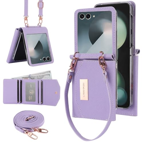 XIMAND for Samsung Galaxy Z Flip 7 Wallet Case with Builtin Leather Cash Slot and Credit Card Holder Wristlet Strap and Hinge Protection Carrying Handbag Phone Case for Women LadiesPurple - Image 1