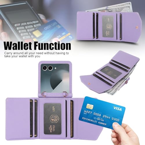 XIMAND for Samsung Galaxy Z Flip 7 Wallet Case with Builtin Leather Cash Slot and Credit Card Holder Wristlet Strap and Hinge Protection Carrying Handbag Phone Case for Women LadiesPurple - Image 3
