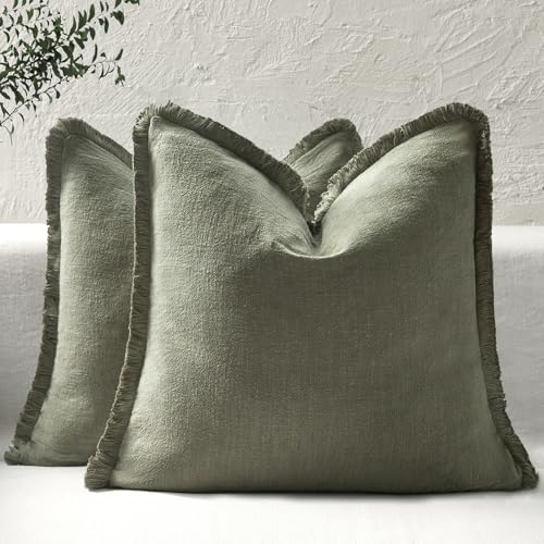 ROMANDECO Boho Decorative Throw Pillow Covers with Fringe for Couch Living Room Bed Set of 2 18x18 Inches Olive Green - Image 1
