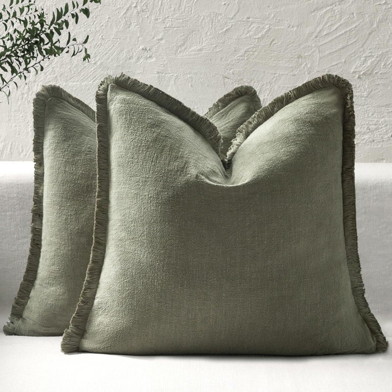 ROMANDECO Boho Decorative Throw Pillow Covers with Fringe for Couch Living Room Bed Set of 2 18x18 Inches Olive Green - Image 2
