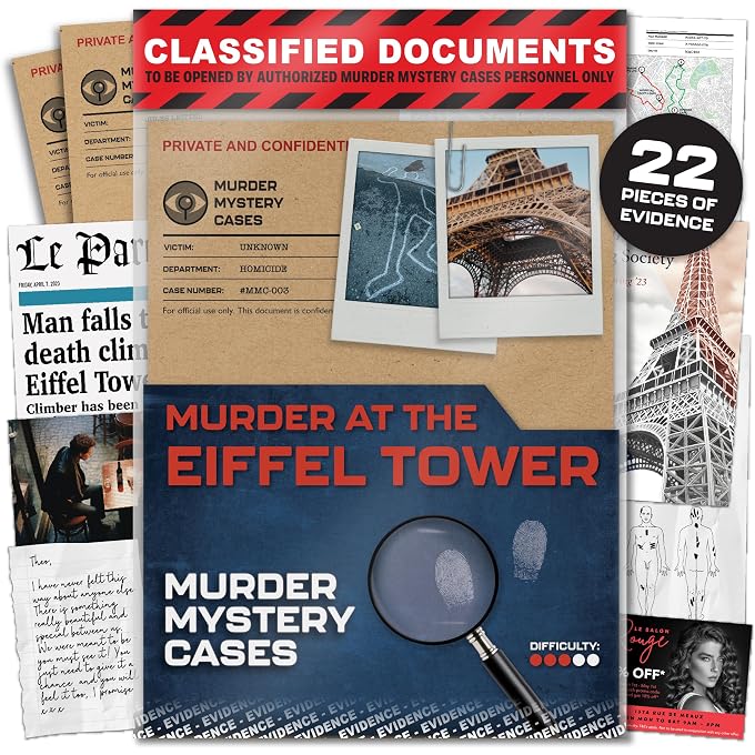 Lucky Egg MMC Death in the Eiffel Tower  Thrilling Murder Mystery Games for Adults in Paris  22 Realistic Evidence Pieces, 150 Min Gameplay (3/5 Difficulty)  Cold Case Files Game for 1-10 Players - Image 1
