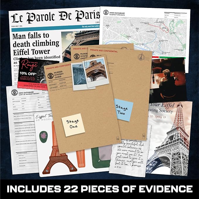 Lucky Egg MMC Death in the Eiffel Tower  Thrilling Murder Mystery Games for Adults in Paris  22 Realistic Evidence Pieces, 150 Min Gameplay (3/5 Difficulty)  Cold Case Files Game for 1-10 Players - Image 3