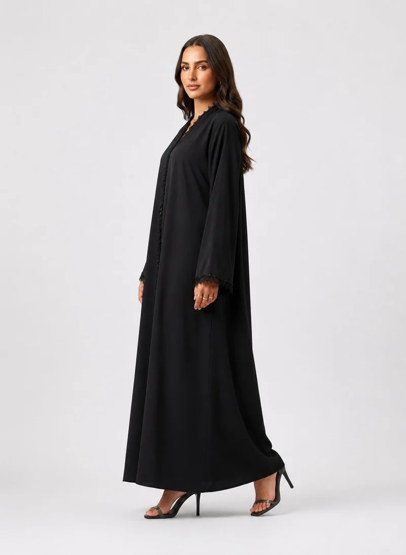 Nikias Black Nida Abaya with Sequin Lace | Overlap Style