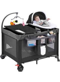 Piccasio Baby Bed, Foldable Baby Bedside Sleeper & Playard, 5 in 1 Baby Bassinet & Crib, Travel Nursery Center With Toys & Music Box,Baby cot & Playpen Newborn Diaper Changing Table  - Image 1