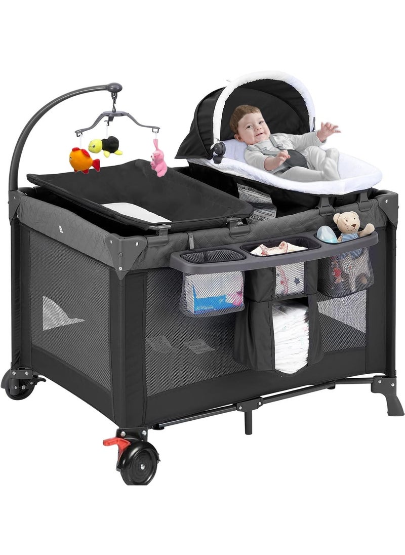 Piccasio Baby Bed, Foldable Baby Bedside Sleeper & Playard, 5 in 1 Baby Bassinet & Crib, Travel Nursery Center With Toys & Music Box,Baby cot & Playpen Newborn Diaper Changing Table  - Image 1