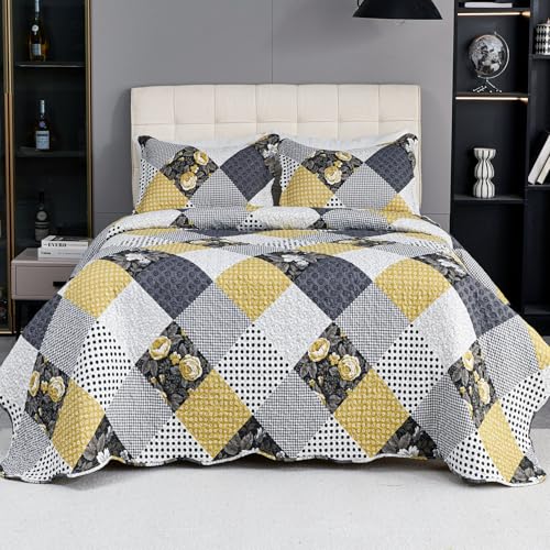Cmfshape Summer Floral Queen Bedspread,Romantic Khaki Quilt Set Full,Reversible Stitched Bedding Set All Season,Soft Lightweight Coverlet with Pillow Cases (Khaki&Dark, Queen90 x90) - Image 2