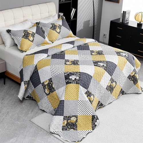 Cmfshape Summer Floral Queen Bedspread,Romantic Khaki Quilt Set Full,Reversible Stitched Bedding Set All Season,Soft Lightweight Coverlet with Pillow Cases (Khaki&Dark, Queen90 x90) - Image 3