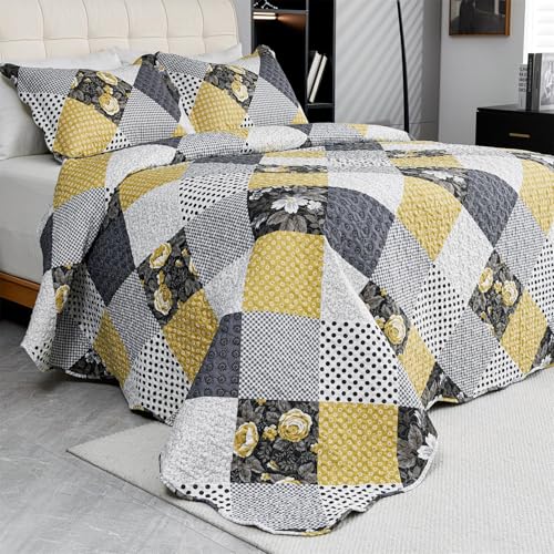 Cmfshape Summer Floral Queen Bedspread,Romantic Khaki Quilt Set Full,Reversible Stitched Bedding Set All Season,Soft Lightweight Coverlet with Pillow Cases (Khaki&Dark, Queen90 x90) - Image 1