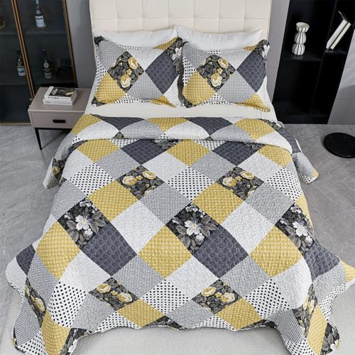 Cmfshape Summer Floral Queen Bedspread,Romantic Khaki Quilt Set Full,Reversible Stitched Bedding Set All Season,Soft Lightweight Coverlet with Pillow Cases (Khaki&Dark, Queen90 x90) - Image 4