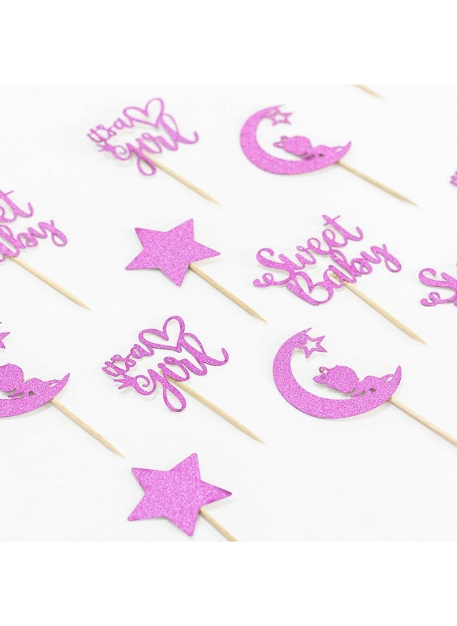 Confetti - Confetti! 24 PCS Baby Shower Girl Cupcake Toppers with Moon Glitter Star Sweet Baby Girl Cupcake Picks Baby Shower Kids Girl Birthday Party Cake Decorations Supplies Pink/Light Purple - Image 1