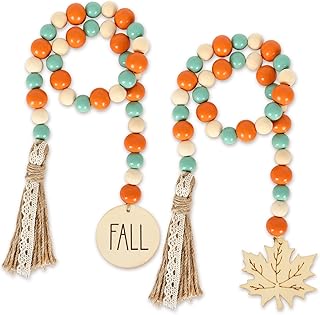 Whaline 2Pcs Thanksgiving Fall Wooden Bead Garland Ornaments with Maple Leaf and Macrame Tassels Boho Rustic Fall - Image 1