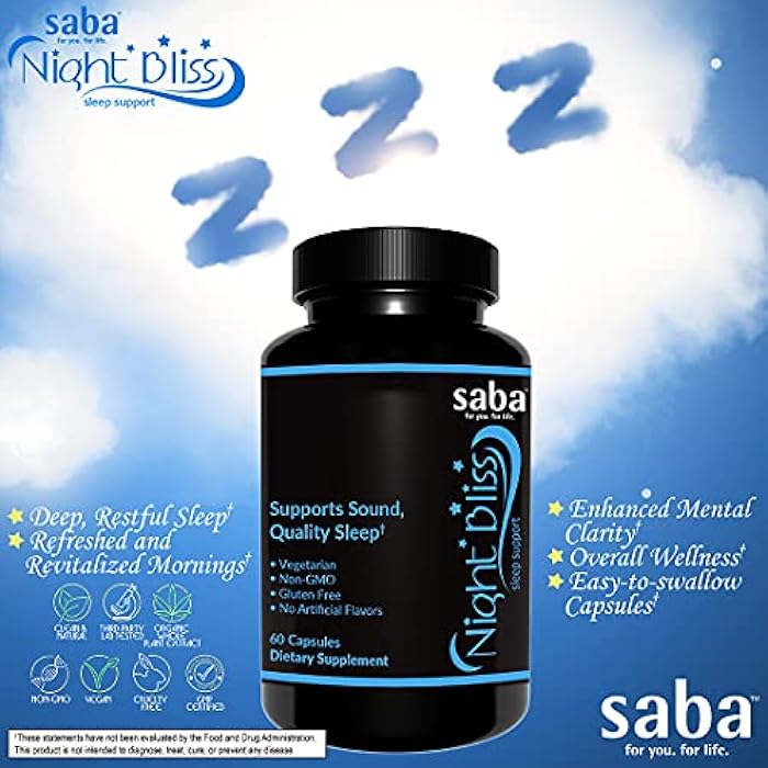 Saba Kombucha Saba Night Bliss Natural Sleep Aid | Non-Habit Forming | Sleep Supplement for Longer Sleep & Stress Relief w/Magnesium, Melatonin, GABA, Chamomile, & Valerian (60 Vegan Capsules, 30 Day Supply) - Image 4