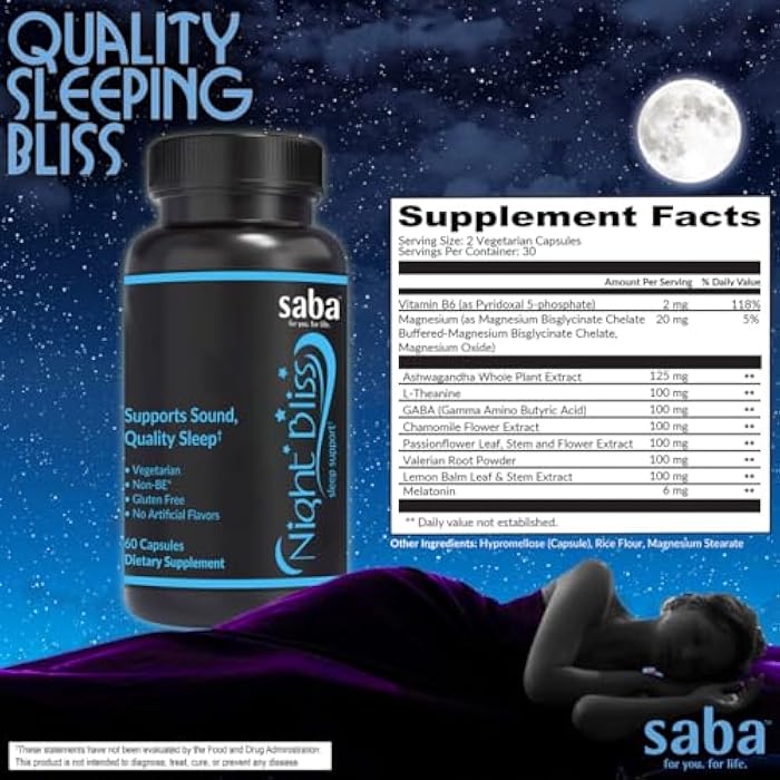 Saba Kombucha Saba Night Bliss Natural Sleep Aid | Non-Habit Forming | Sleep Supplement for Longer Sleep & Stress Relief w/Magnesium, Melatonin, GABA, Chamomile, & Valerian (60 Vegan Capsules, 30 Day Supply) - Image 2
