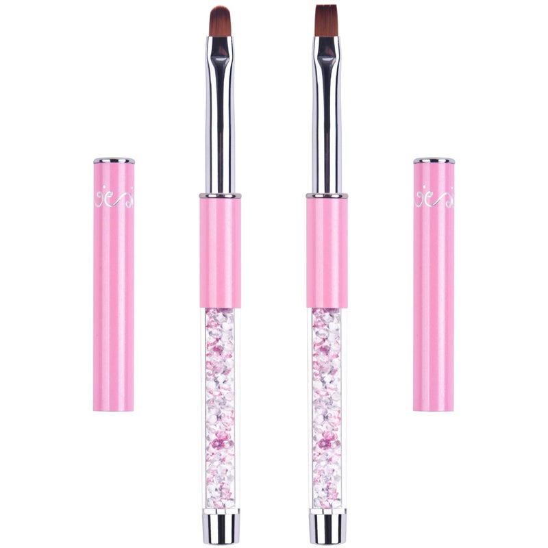 Ycyan 2Pcs Oval Flat UV Gel Nail Brush Set Rhinestone Handle Professional Nail Art Design Brushes Pink Size 8