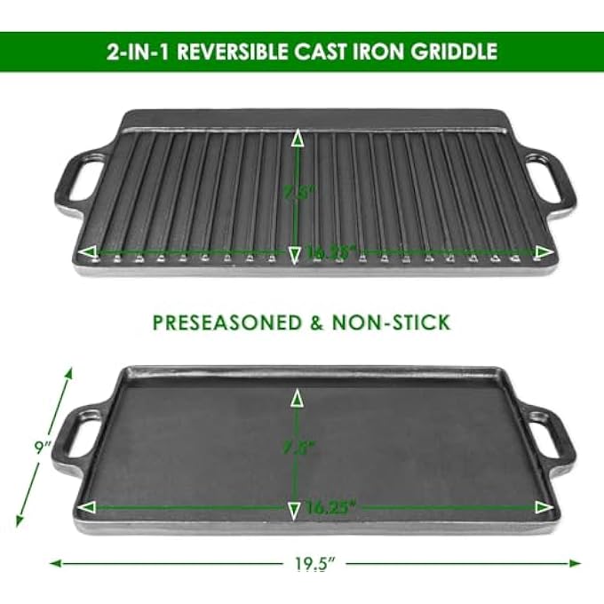 HOUSLET 2In1 Reversible 45 X 23Cm Cast Iron Griddle With Handles Preseasoned  NonStick For Gas Stovetop Oven And Open FireHeavy Duty Cooking Skillet Grill Camping Bbq - Image 5